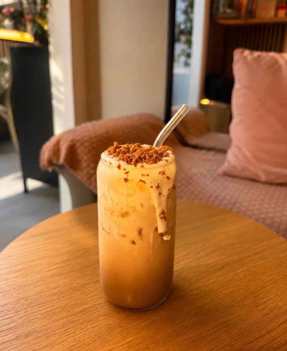 A creamy iced latte topped with biscuit crumbs beside soft pink cushions