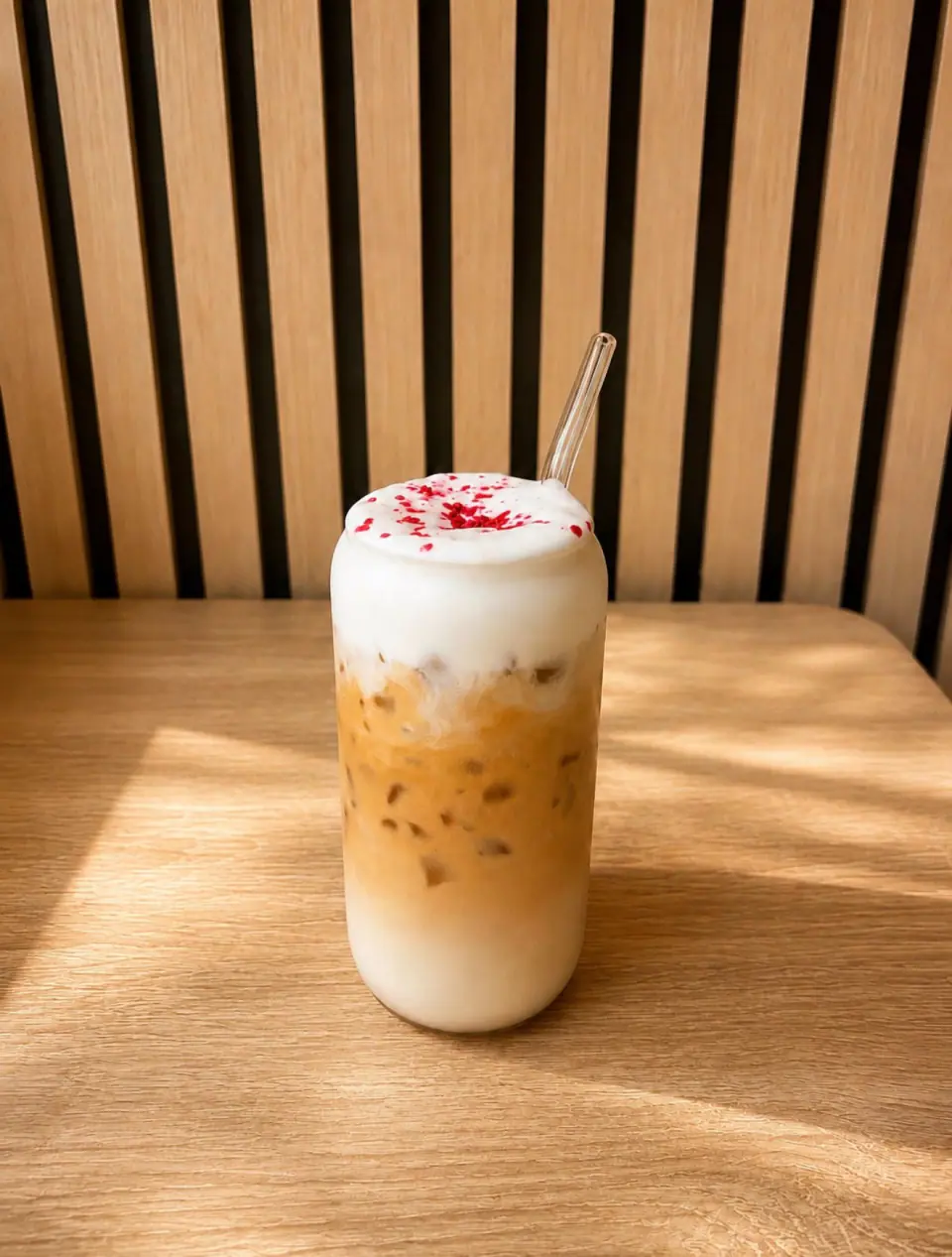 A layered iced latte with pink-topped foam in the cafe's warm sunlight